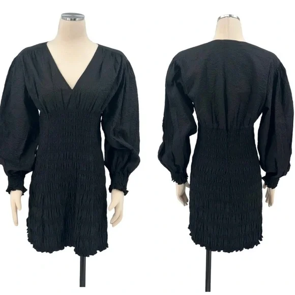 FRAME Denim V neck Smocked Long Sleeve Mini Dress Size Small Black NWT